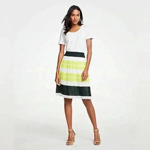 Anne Taylor Pleated Striped Midi Skirt Blue Yellow Size 8 NWT